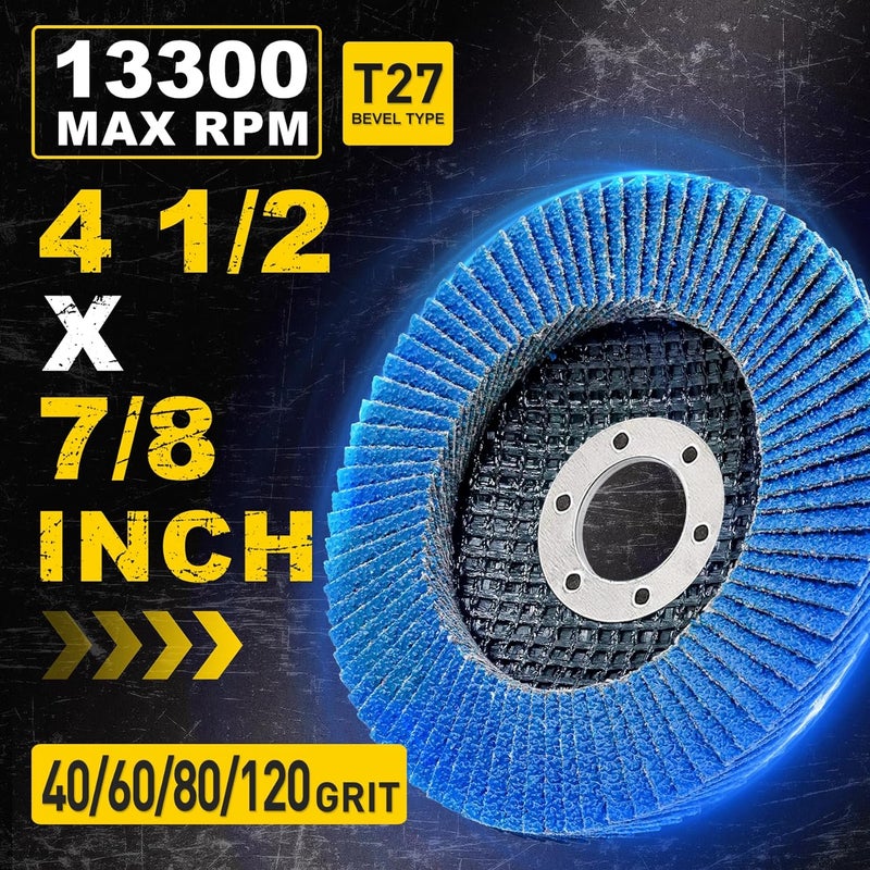 PRETEC Flap Discs 4 1/2 for Angle Grinder, 40 Pcs Flap Discs 40/60/80/120 Grit, 4.5" x 7/8" High Density Zirconia Type 27 Flap Sanding Disc for Grinding, Rust Removal, Sanding and Finishing - 40Packs - Image 2